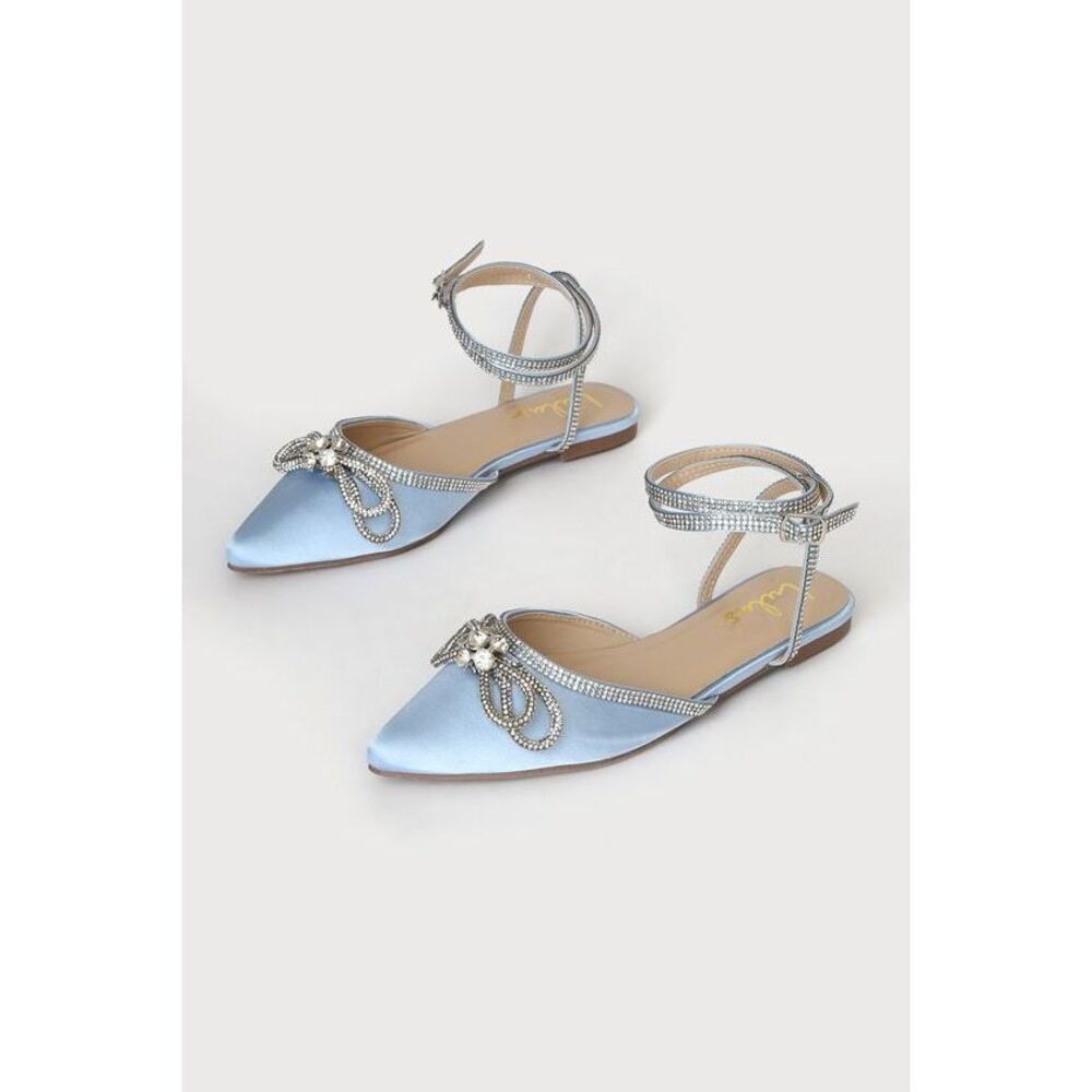 NEW Lullie Blue Satin Rhinestone Ankle Strap Pointed-Toe Flats